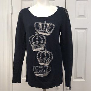 Rock & Republic Navy Blue Crown Theme Studded Knit Pullover Sweater Size Medium